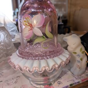 Fenton Pink and White Fairy Lamp Glass Candle Holder.
